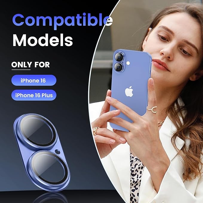 AIG Camera Lens Protector for iPhone 16 / 16 Plus – Tempered Glass with Metal Frame - Blue Joint