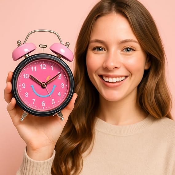 Retro Twin Bell Alarm Clock with Smiley Dial | Loud Alarm, Metal Body, Analog Display, Battery Operated | Bedside/Table Clock for Kids & Adults