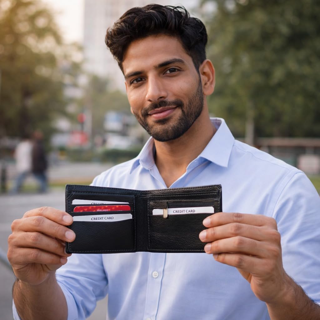 Men's Premium Leather Wallet – Slim Bifold Wallet with Multiple Card Slots, Cash Compartments & ID Window | RFID Blocking Wallet for Daily Use & Gift (Black)
