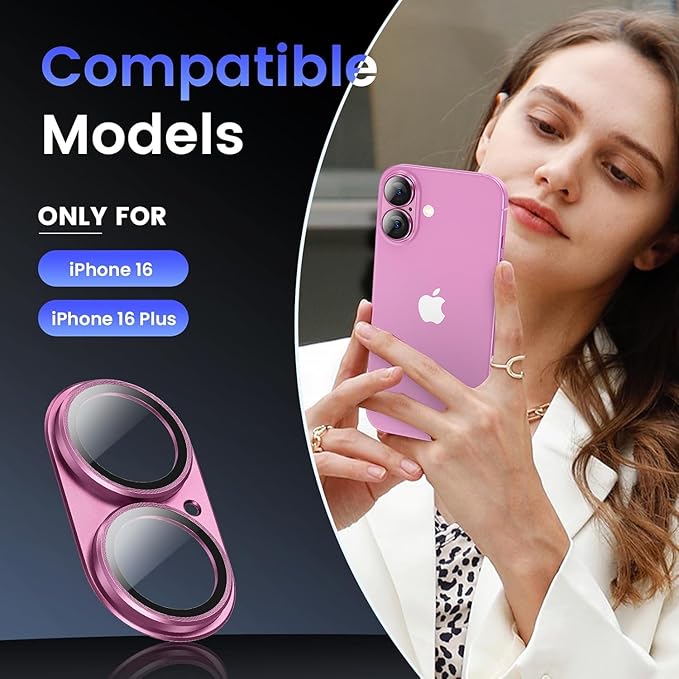 AIG Camera Lens Protector for iPhone 16 / 16 Plus – Tempered Glass with Metal Frame - Pink Joint