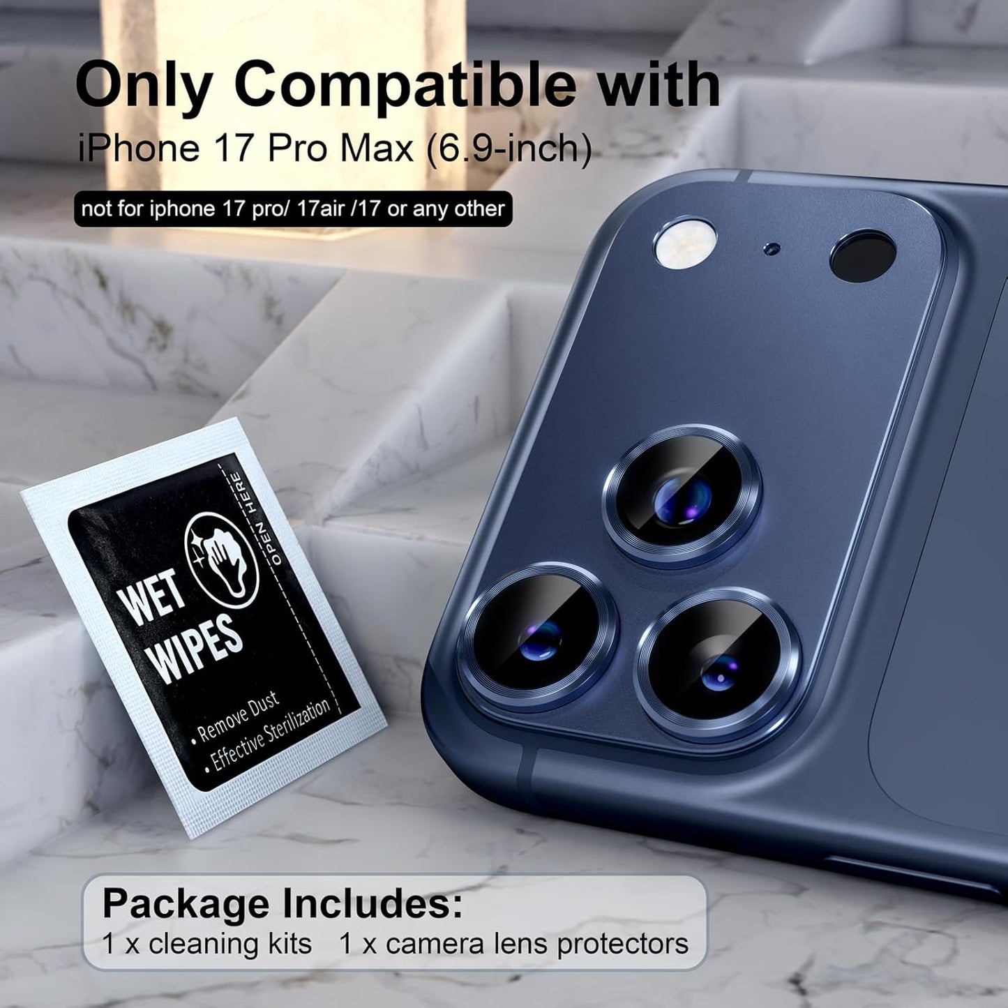 AIG Camera Lens Protector for iPhone 17 Pro Max – 9H Tempered Glass, Metal Ring, Blue Joint