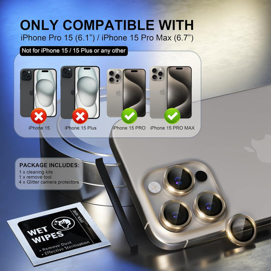 AIG Camera Lens Protector for iPhone 15 Pro/15 Pro Max & iPhone 14 Pro/14 Pro Max – 9H Glass with Metal Ring – Gold