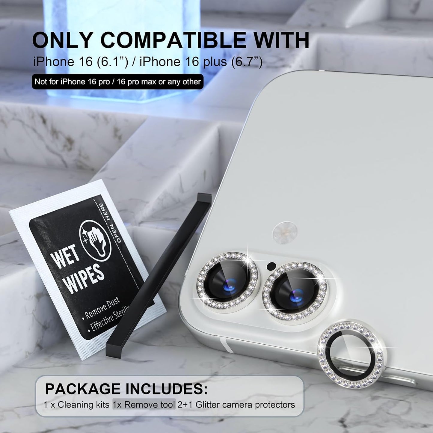 AIG Camera Lens Protector for iPhone 16/16 Plus – 9H Glass with Metal Ring – Silver Diamond