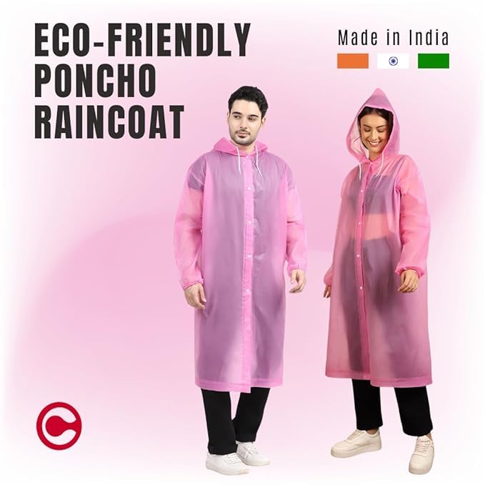 Women's Waterproof EVA Raincoat with Hood – Lightweight Reusable Long Rain Coat for Travel, Cycling, Hiking & Daily Use (Pink)