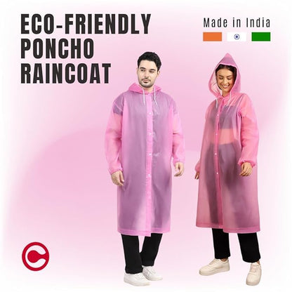 Women's Waterproof EVA Raincoat with Hood – Lightweight Reusable Long Rain Coat for Travel, Cycling, Hiking & Daily Use (Pink)