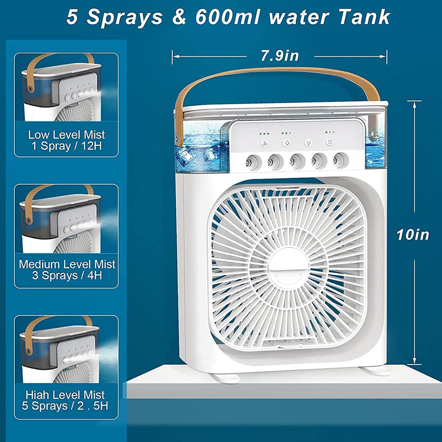 Portable Humidifier Air Cooler Fan Mini Cooler For Home With 3 Speed Mode, Mist Fan With Water Spray, 7 Color Led And Timer,(Usb Powered Mini Ac, Black)
