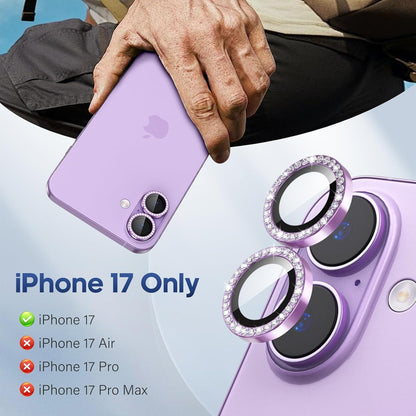 AIG Camera Lens Protector for iPhone 17 – Bling Diamond Metal Ring, 9H Tempered Glass (Purple Diamond, Scratch-Proof, Case Friendly)