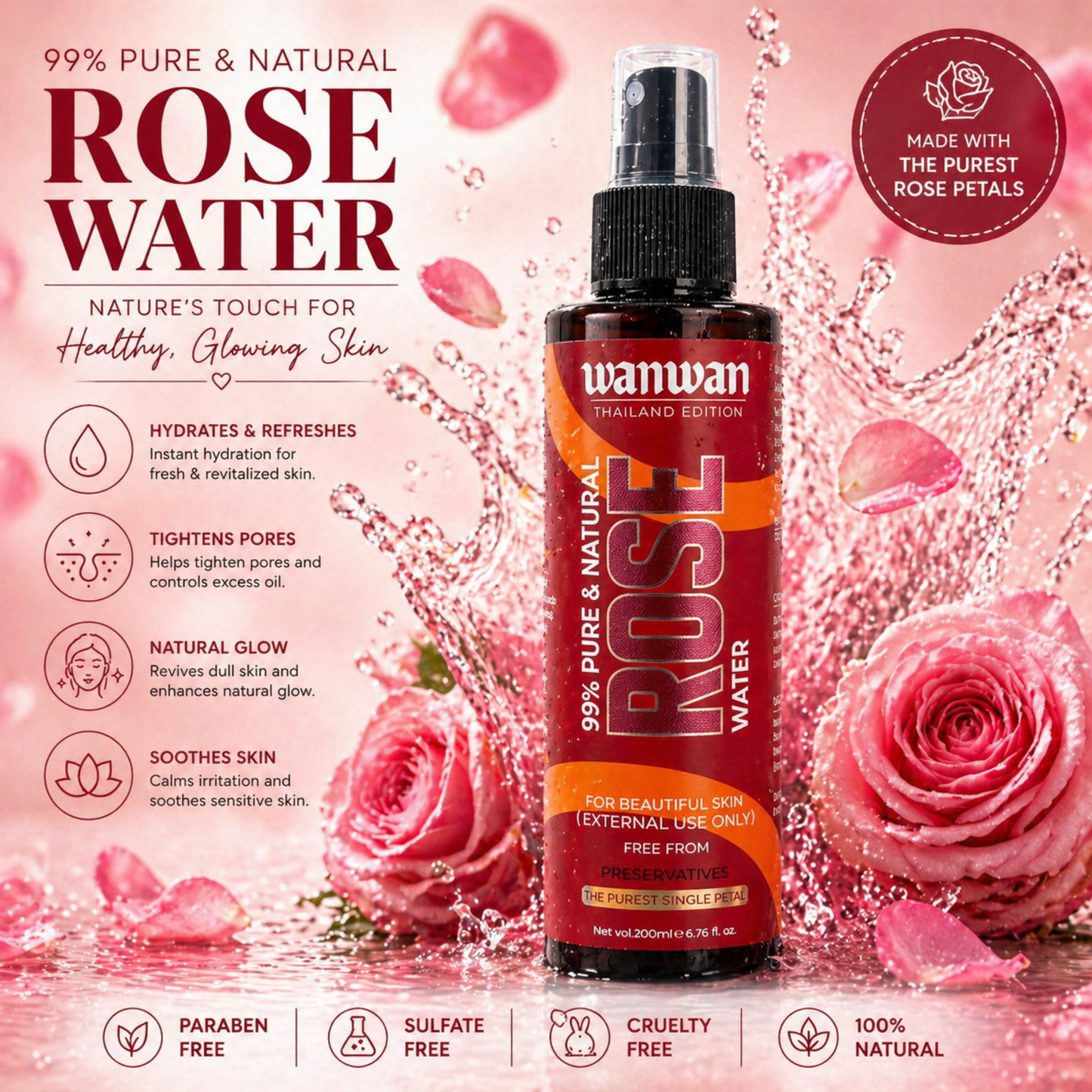 Wanwan 99% Pure & Natural Rose Water Spray 200ml | Face Toner, Facial Mist & Makeup Setting Spray | Hydrating, Refreshing & Skin Brightening | For All Skin Types | Preservative-Free Rose Water