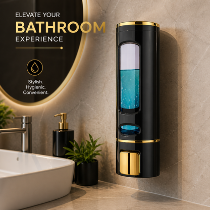 Wall-Mounted Liquid Soap Dispenser, Black and Gold Finish, Push Button, for Bathroom and Kitchen