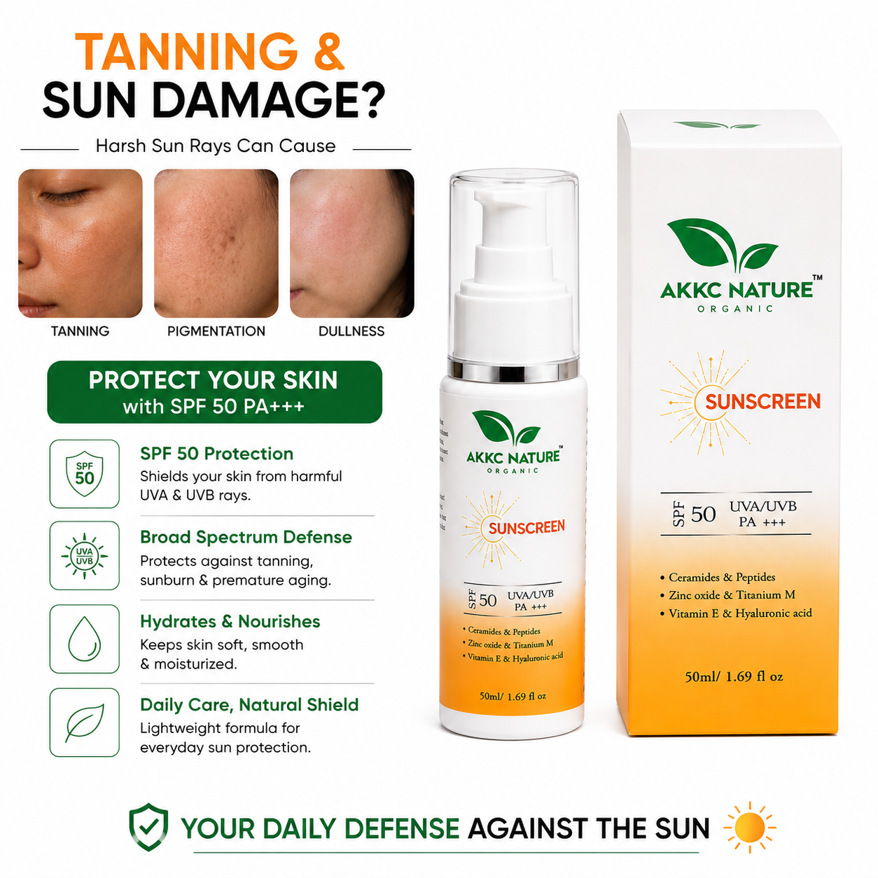 AKKC Nature Organic Sunscreen SPF 50 PA+++ | Broad Spectrum UVA/UVB Protection | Ceramides, Peptides, Zinc Oxide, Titanium Dioxide, Vitamin E & Hyaluronic Acid | Non-Greasy Daily Sunscreen for Men & Women | 50ml.