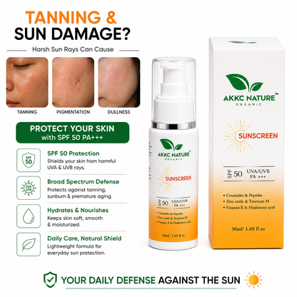 AKKC Nature Organic Sunscreen SPF 50 PA+++ | Broad Spectrum UVA/UVB Protection | Ceramides, Peptides, Zinc Oxide, Titanium Dioxide, Vitamin E & Hyaluronic Acid | Non-Greasy Daily Sunscreen for Men & Women | 50ml.