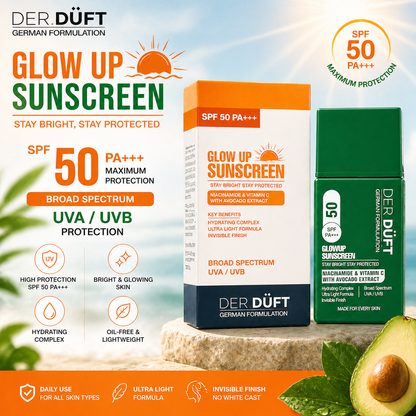 Der Düft Glow Up Sunscreen SPF 50 PA+++, Broad Spectrum UVA/UVB, with Niacinamide, Vitamin C and Avocado Extract, Invisible Finish