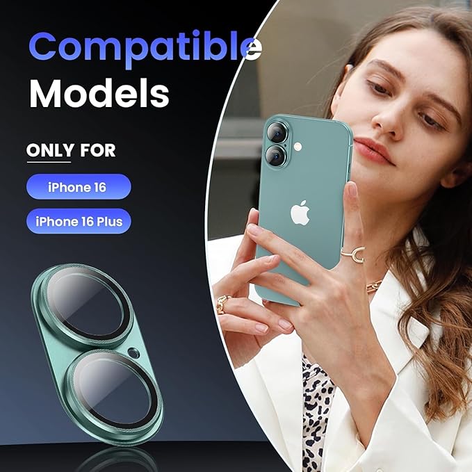 AIG Camera Lens Protector for iPhone 16 / 16 Plus – Tempered Glass with Metal Frame - Green Joint