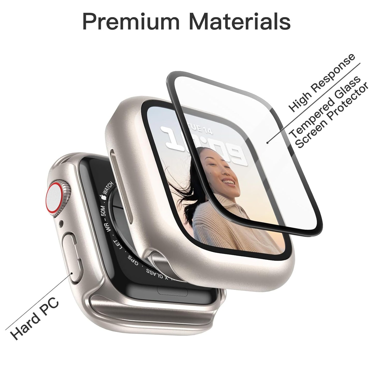 AIG Cover Case with Screen Protector for Apple Watch Series 9/8/7 (45mm) – All-Round Protective Case with Built-in Tempered Glass – High Sensitivity Touch – 2 Pack (Starlight)