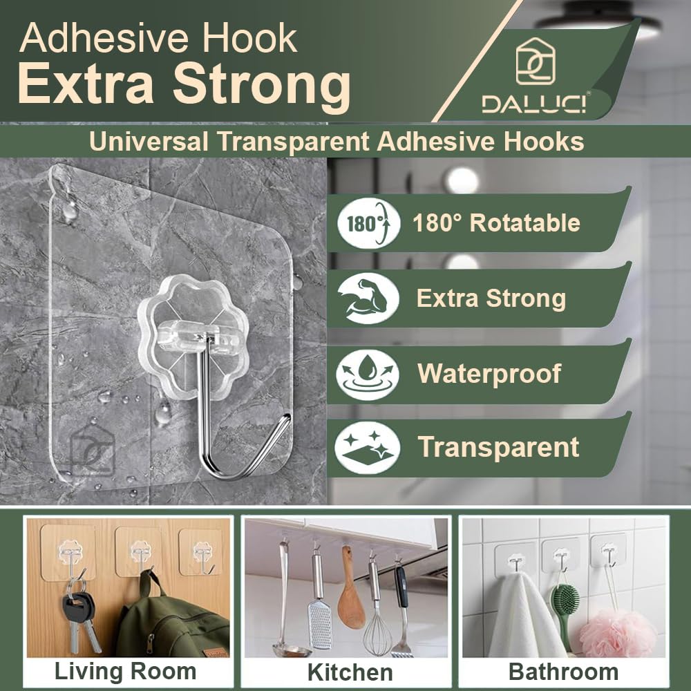 20 Pcs Self Adhesive Wall Hooks – Heavy Duty Waterproof Transparent Sticky Hooks for Kitchen, Bathroom, Bedroom, Office, Home & Hanging Accessories