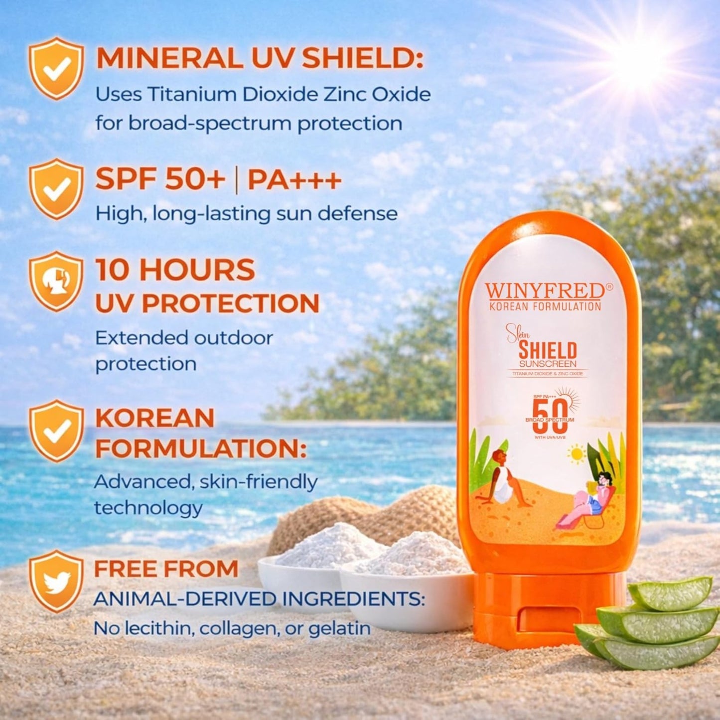 WINYFRED Skin Shield Sunscreen SPF 50 PA+++ Broad Spectrum, with Titanium Dioxide & Zinc Oxide, Korean Formulation, 75gm