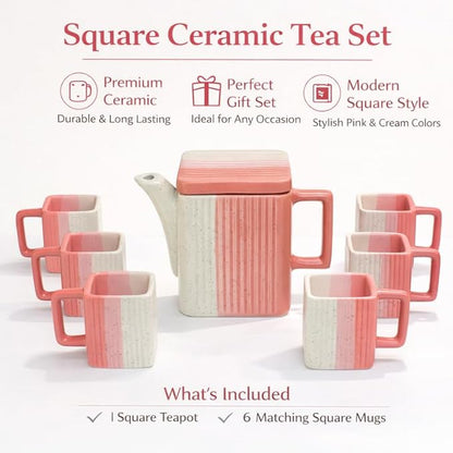Ceramic Tea Set with Kettle and 6 Square Shape Tea Cup Set with Teapot Stylish Drinkware Set for Tea Coffee Serving Home Kitchen Dining Table Gift Set | Pink