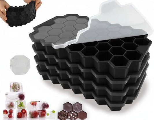 AIG Silicone Ice Cube Trays with Lids – 4 Pack Easy-Release Hexagon Ice Maker for Freezer, Reusable Food-Grade Ice Molds for Cocktail Bar, Whiskey, Iced Coffee & Home Kitchen (Black)