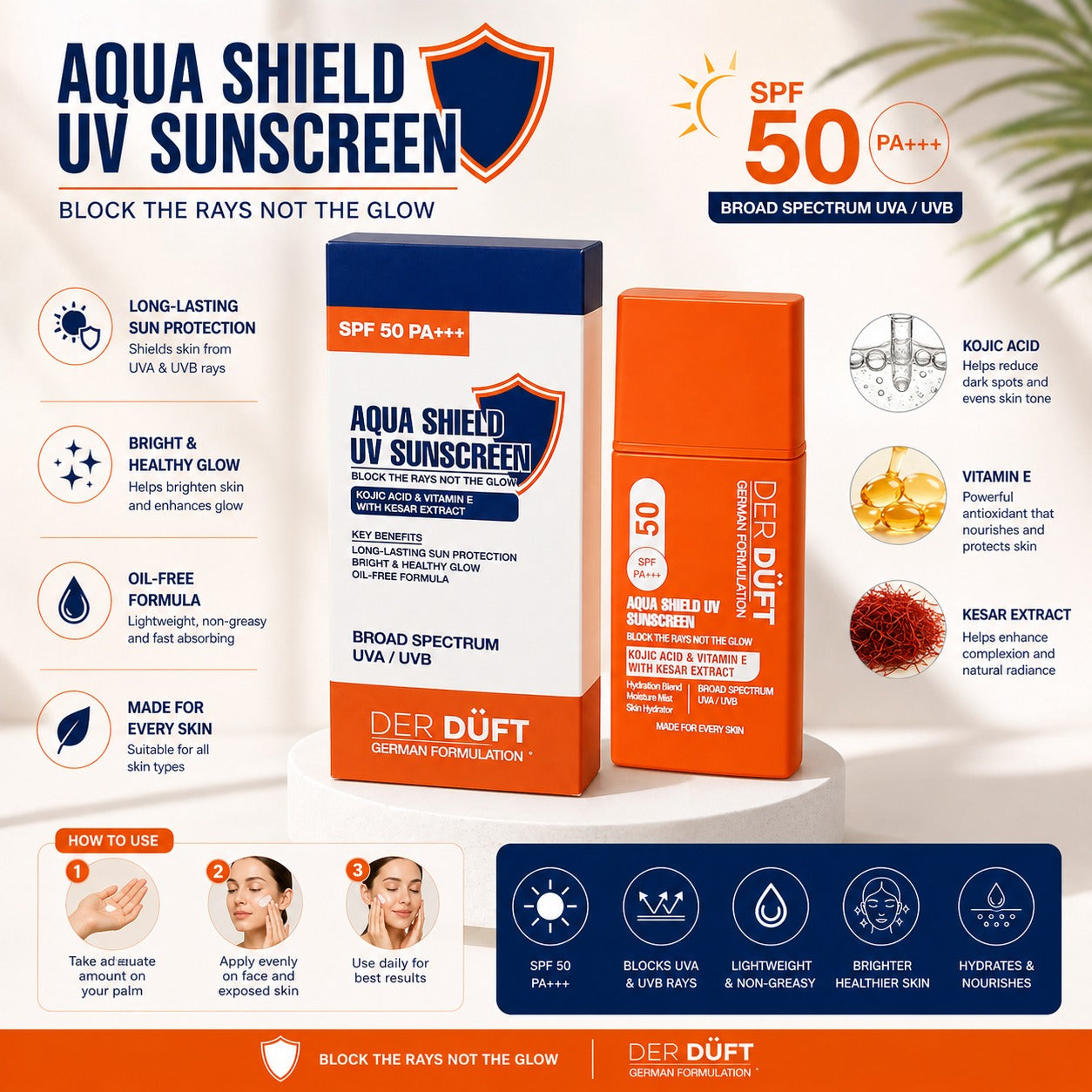 Der Düft Aqua Shield UV Sunscreen, SPF 50 PA+++, with Kojic Acid, Vitamin E and Kesar Extract, Oil-Free, Broad Spectrum UVA/UVB