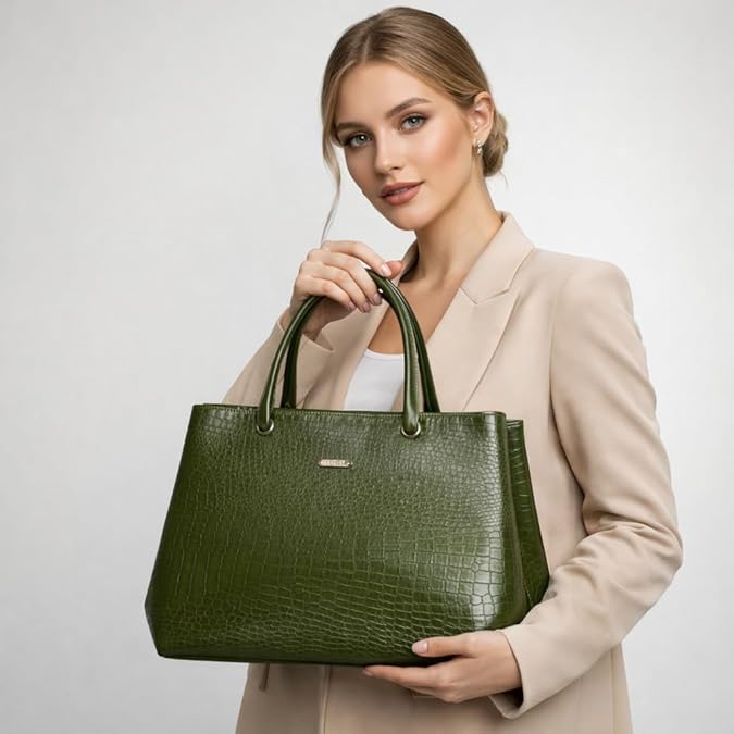 Women's Tote Handbag, Olive Green, Faux Leather, Crocodile Embossed, Spacious with Zipper Compartment, Office and Travel Bag