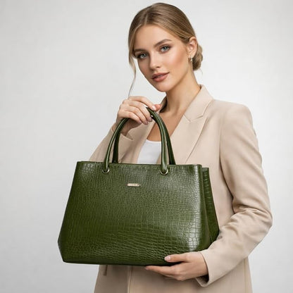 Women's Tote Handbag, Olive Green, Faux Leather, Crocodile Embossed, Spacious with Zipper Compartment, Office and Travel Bag