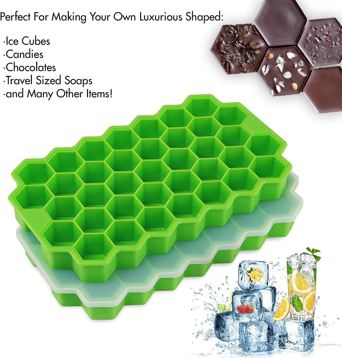 AIG 2 Pack Silicone Ice Cube Tray with Lid & Stainless Steel Vegetable Peeler - Green