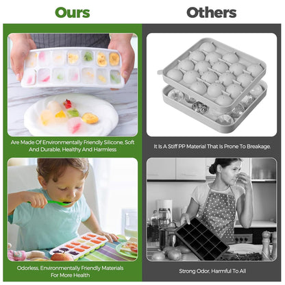 Silicone Ice Cube Tray with Lid, 2 Pack (Green & Blue), 28 Cubes, Easy Release & Stackable