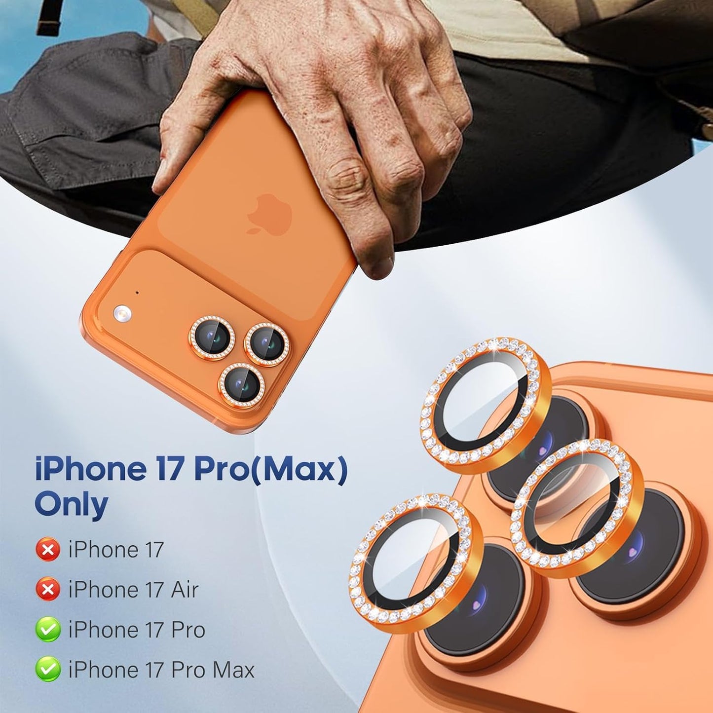 AIG Camera Lens Protector for iPhone 17 Pro/Pro Max –9H Tempered Glass with Diamond Metal Ring, Scratch Resistant, HD Clear (Orange Diamond)