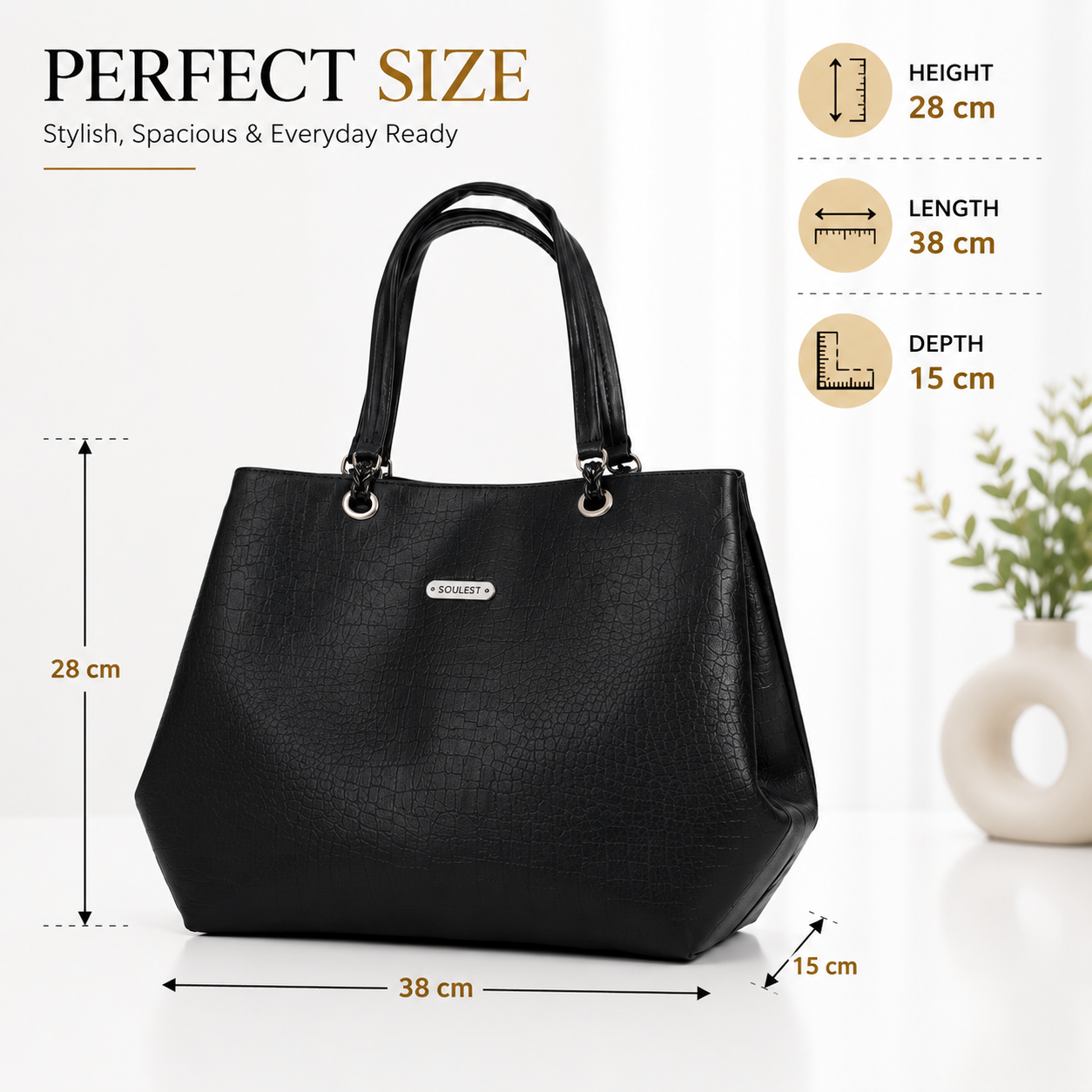 Women's Premium Leatherette Tote Handbag – Large Shoulder Bag with Spacious Compartments | Stylish Office, College, Travel & Everyday Purse (Black)