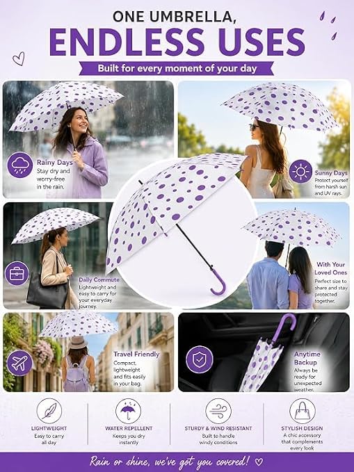 Premium Transparent Polka Dot Umbrella – Waterproof Windproof Long Stick Umbrella with Curved Handle for Men & Women | Large Canopy Rain Umbrella (White & Purple)