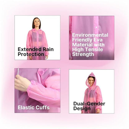 Women's Waterproof EVA Raincoat with Hood – Lightweight Reusable Long Rain Coat for Travel, Cycling, Hiking & Daily Use (Pink)