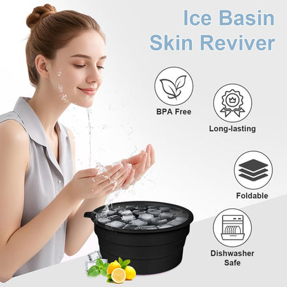 Face Bowl for Ice with Built-in Ice Tray – Collapsible Silicone Facial Ice Bath Bowl for Cold Plunge Therapy, Skin Tightening & Acne Relief – Portable Spa Tool for Home & Travel(Black)