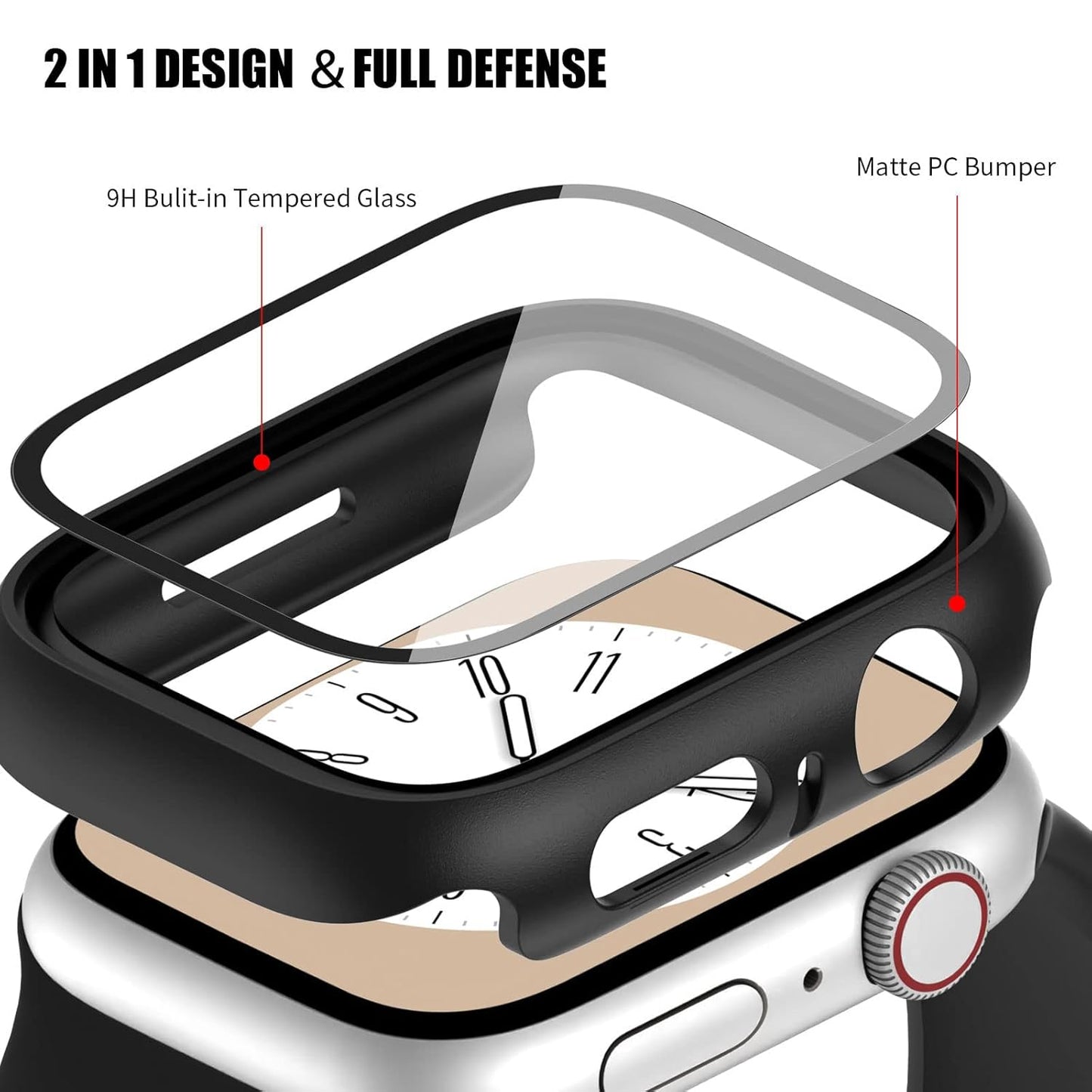 AIG Apple Watch 45mm Hard Case with Tempered Glass Screen Protector, Ultra-Thin Protective Cover for Series 9/8/7 - Clear+Black+Starlight (03 PACK)