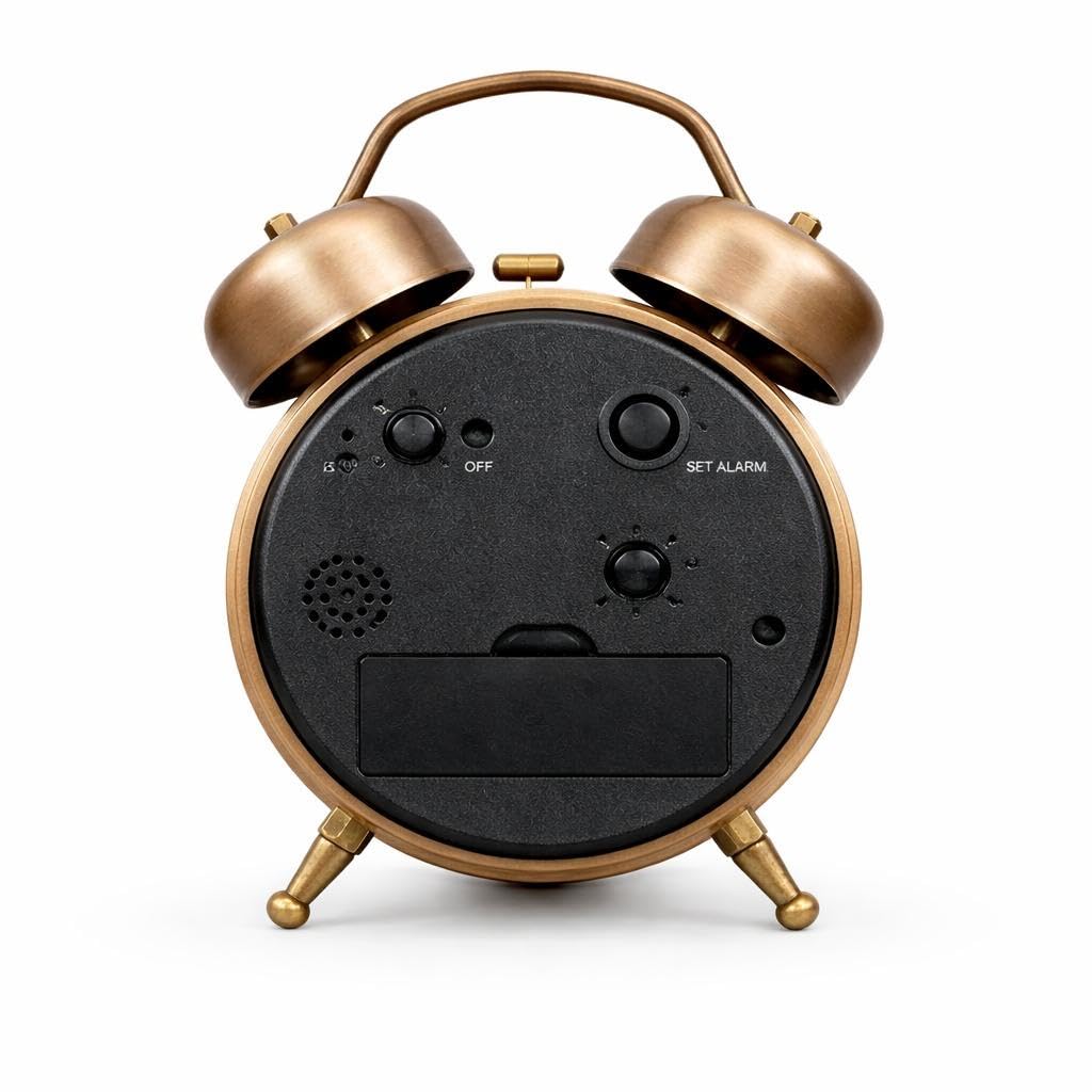 Vintage Twin Bell Alarm Clock, Bronze Finish, Roman Numeral Display, New York Theme, Classic Analog Timepiece