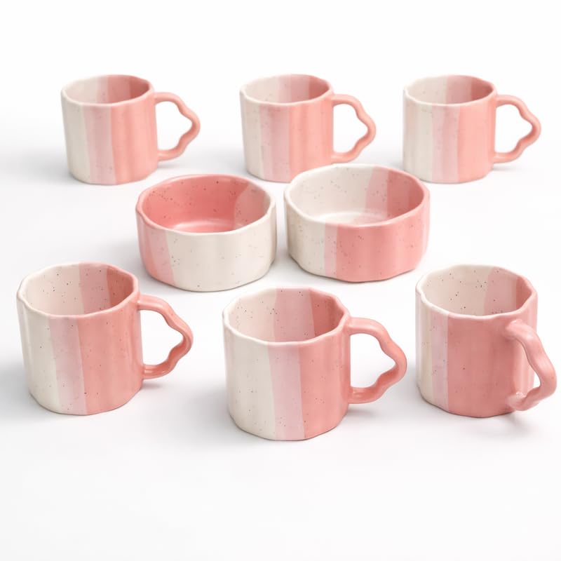 Ceramic Tea Mug & Bowl Gift Set (6 Tea Mugs + 2 Ceramic Bowls) Premium Quality Tea Cup Set for Home Kitchen Office Stylish Tea Coffee Serving Set with Gift Box | Pink