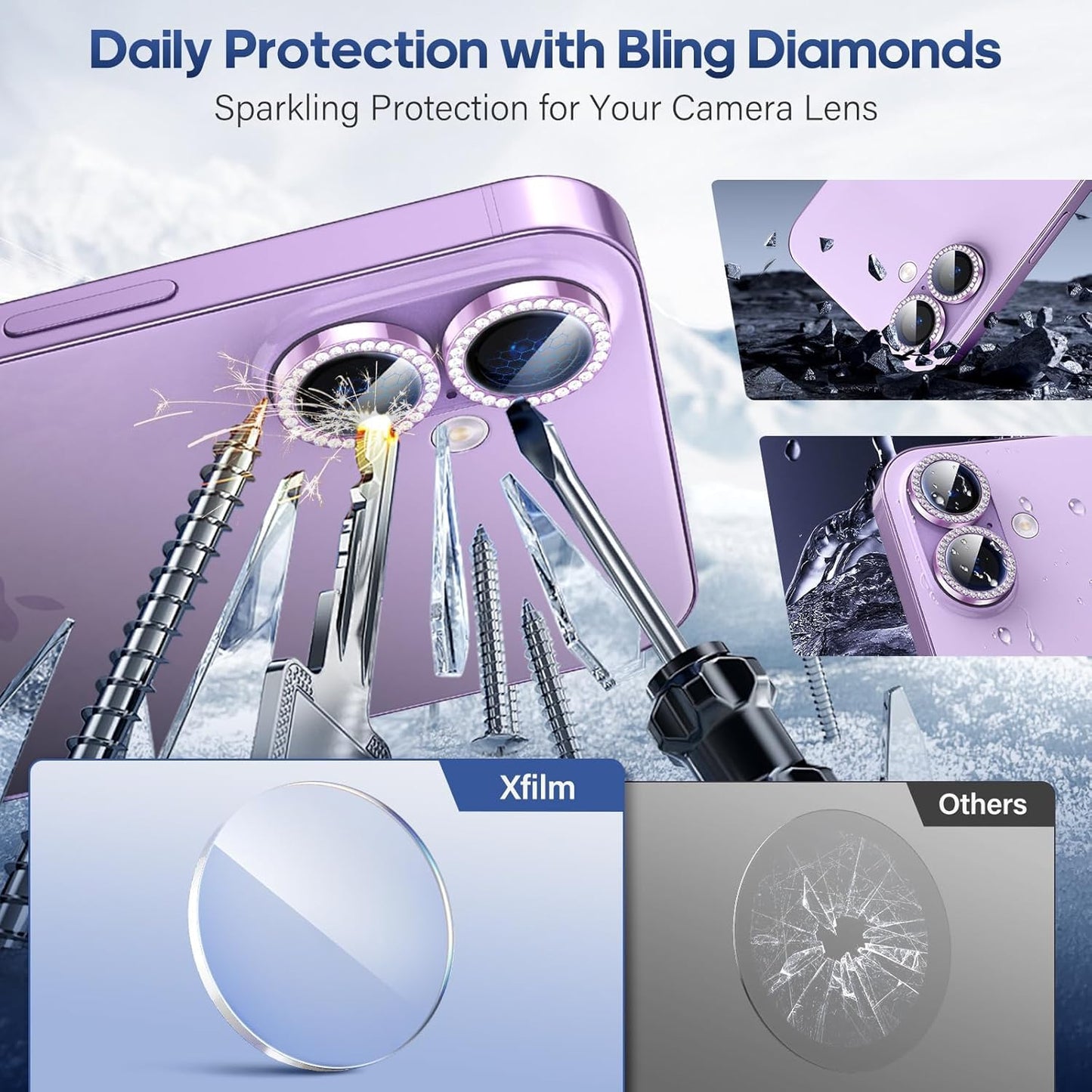 AIG Camera Lens Protector for iPhone 17 – Bling Diamond Metal Ring, 9H Tempered Glass (Purple Diamond, Scratch-Proof, Case Friendly)