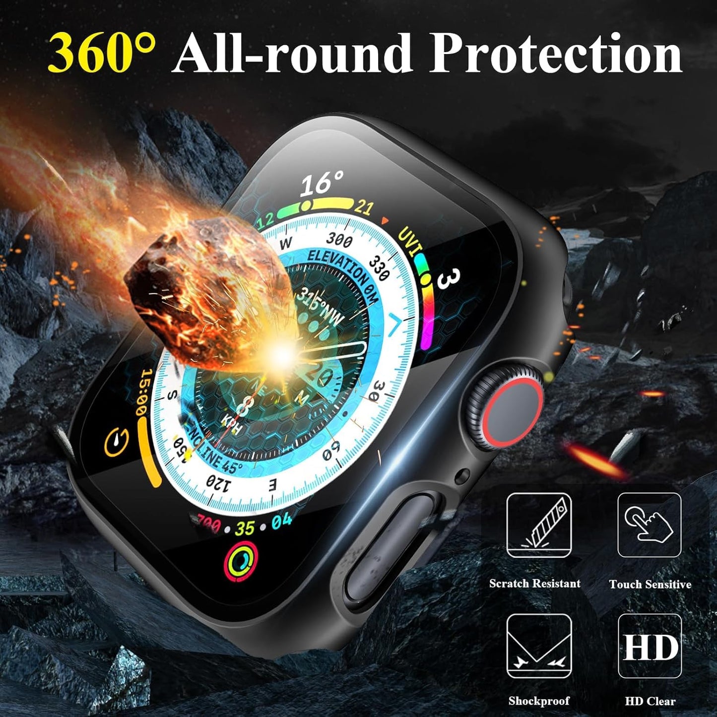 AIG Clear Hard Case with Tempered Glass for Apple Watch 40mm (Series 4/5/6) - Black (03 PACK)