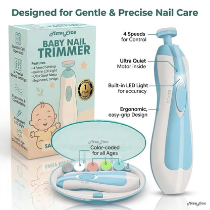 Baby Electric Nail Trimmer for New Born 0-12 Months | Baby Nail Cutter with LED Light & 6 Filer Heads | Safe Infant Nail File & Toddler Nail Clipper | Manicure Set for Infants | Newborn Essentials | 1 Year Warranty (Baby Blue)