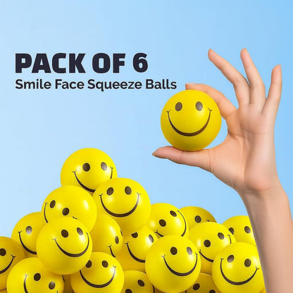 AIG 6 Pcs Smiley Squeeze Balls for Kids & Adults – 2 Inch Yellow Stress Relief & Sensory Fidget Toys