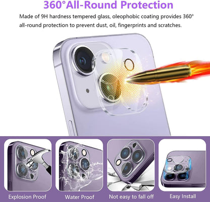 AIG ( 2 PACK) Camera Lens Protector for IPHONE 14/14 PLUS, 15/15 PLUS (TRANSPARENT) UHD 9H Camera Glass, Scratch and Drop Resistant, Easy Self-Installation.
