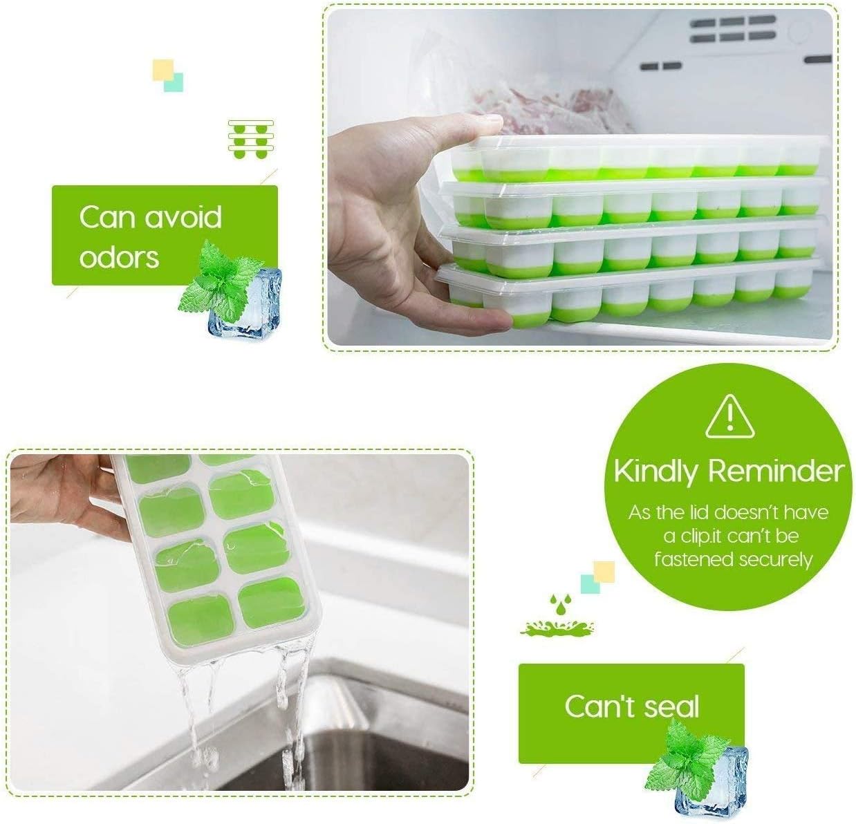 Silicone Ice Cube Tray with Lid – 14 Cavity Easy Release Ice Maker for Freezer, Stackable & Reusable Ice Moulds for Whiskey, Cocktails & Beverages (2 Pack, Green & Blue)