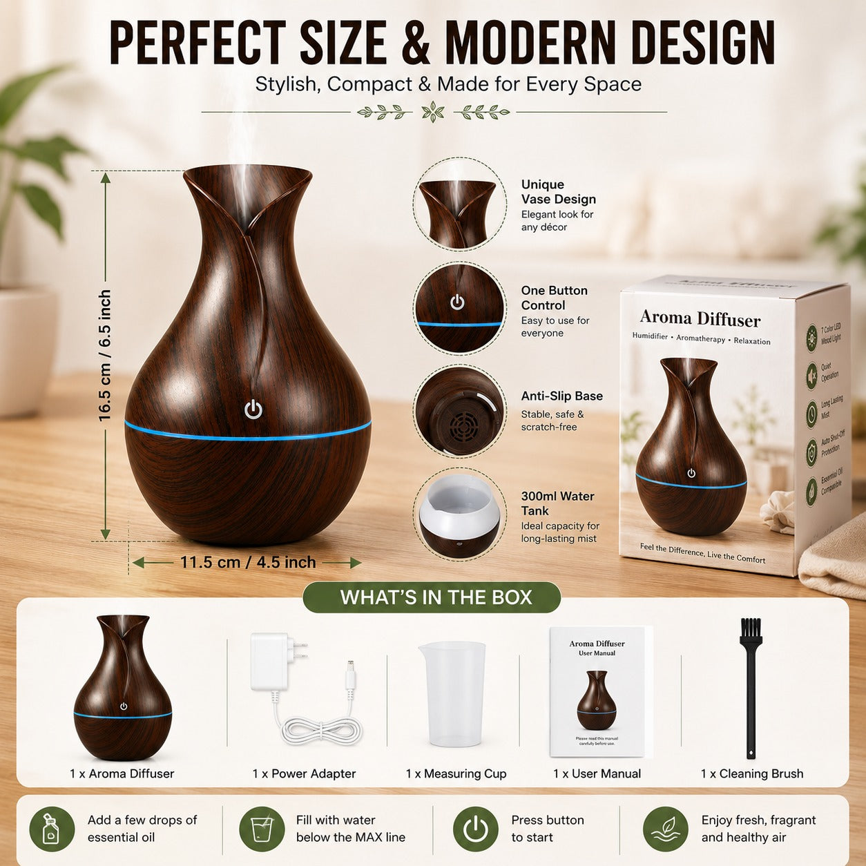 Aroma Diffuser Humidifier for Room & Home | Wood Grain Essential Oil Diffuser | Ultrasonic Cool Mist Air Humidifier for Bedroom | 3 Colour LED Light | Touch Control | Auto Shut-Off | 200ml