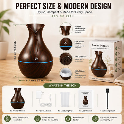 Aroma Diffuser Humidifier for Room & Home | Wood Grain Essential Oil Diffuser | Ultrasonic Cool Mist Air Humidifier for Bedroom | 3 Colour LED Light | Touch Control | Auto Shut-Off | 200ml