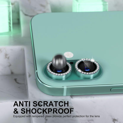 AIG Camera Lens Protector for iPhone 16/16 Plus – 9H Glass with Metal Ring – Mint Green Diamond