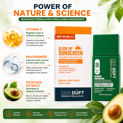 Der Düft Glow Up Sunscreen SPF 50 PA+++, Broad Spectrum UVA/UVB, with Niacinamide, Vitamin C and Avocado Extract, Invisible Finish