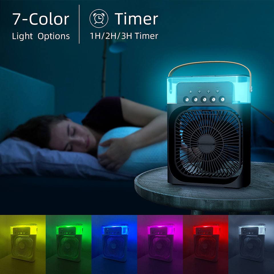 Portable Humidifier Air Cooler Fan Mini Cooler For Home With 3 Speed Mode, Mist Fan With Water Spray, 7 Color Led And Timer,(Usb Powered Mini Ac, Black)