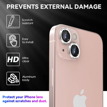 AIG Camera Lens Protector Compatible with iPhone 13 & iPhone 13 Mini, 9H Tempered Glass Camera Lens Cover, Aluminum Alloy Metal Ring, HD Clear, Anti Scratch, Case Friendly, Glitter