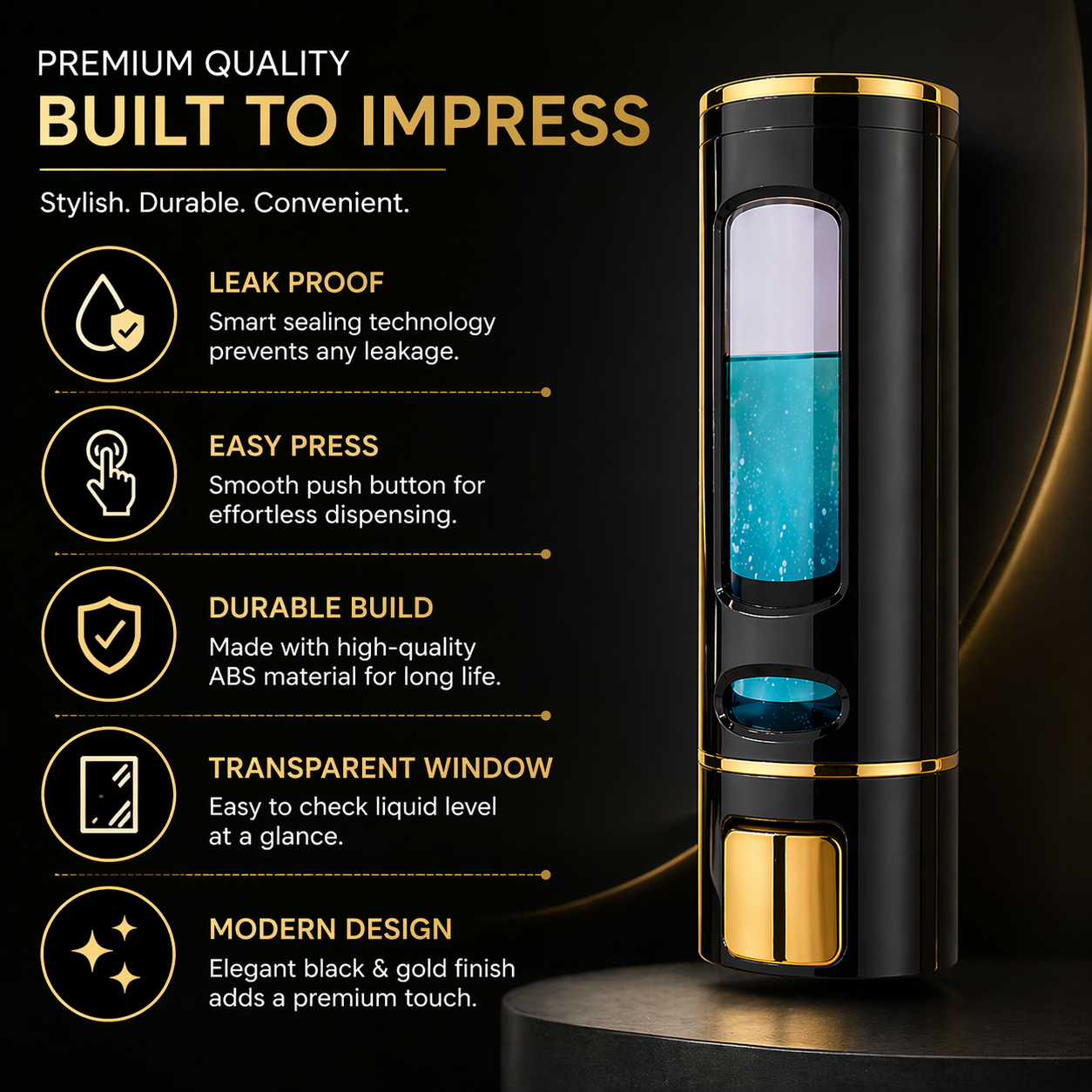 Wall-Mounted Liquid Soap Dispenser, Black and Gold Finish, Push Button, for Bathroom and Kitchen
