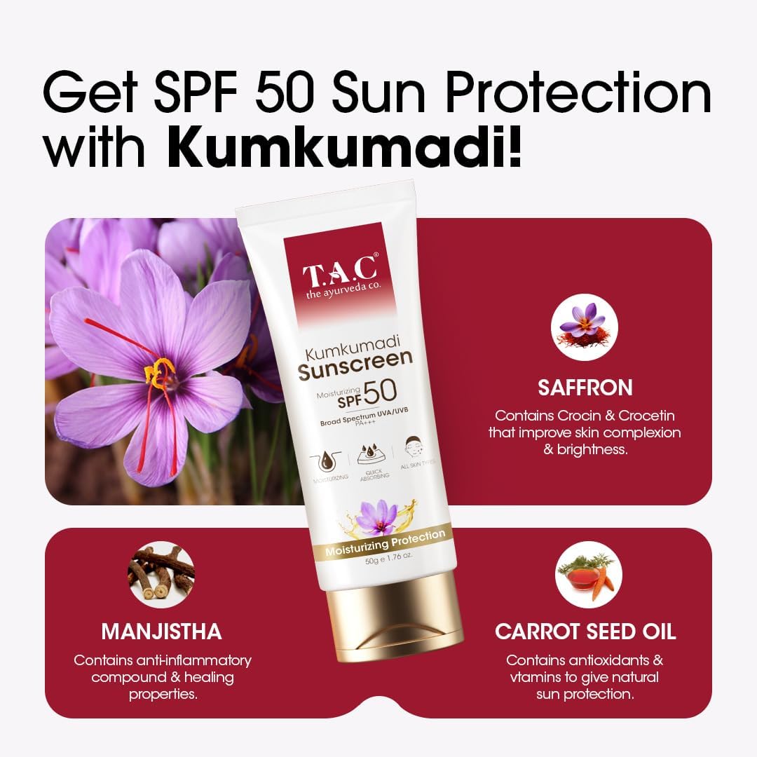 T.A.C - The Ayurveda Co. Kumkumadi Sunscreen SPF 50, Broad Spectrum UVA/UVB PA+++, Moisturising, All Skin Types, 50g