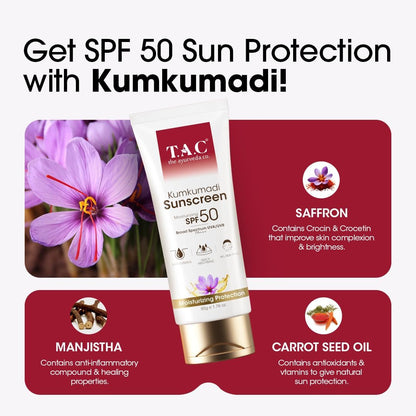 T.A.C - The Ayurveda Co. Kumkumadi Sunscreen SPF 50, Broad Spectrum UVA/UVB PA+++, Moisturising, All Skin Types, 50g